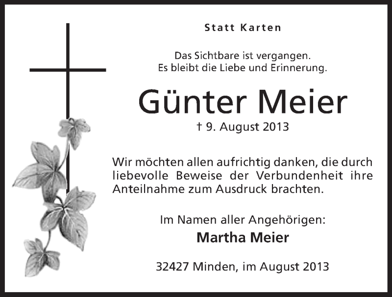  Traueranzeige für Günter Meier vom 31.08.2013 aus Mindener Tageblatt