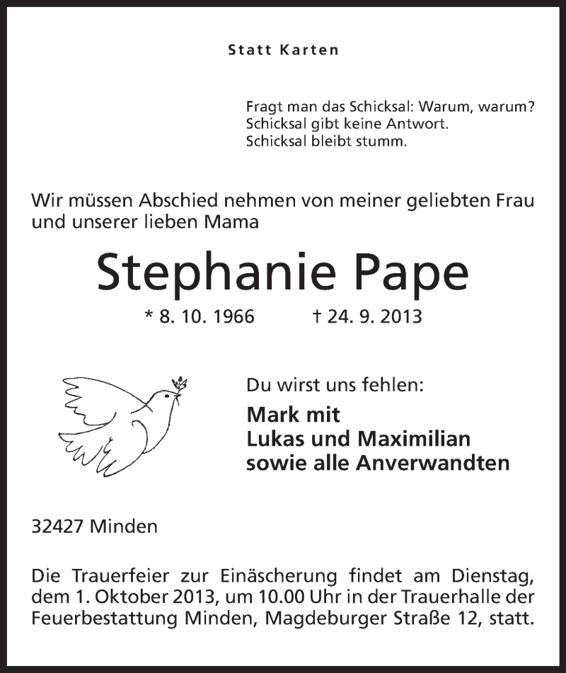  Traueranzeige für Stephanie Pape vom 28.09.2013 aus Mindener Tageblatt