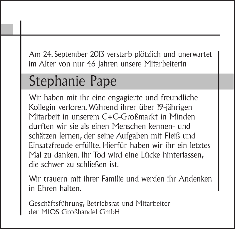  Traueranzeige für Stephanie Pape vom 01.10.2013 aus Mindener Tageblatt