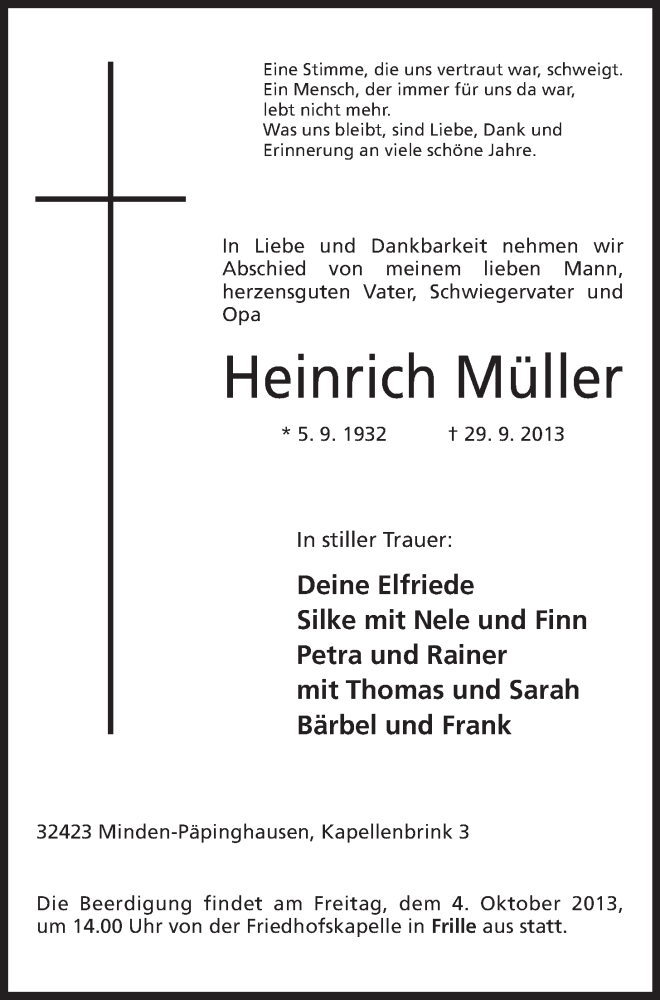  Traueranzeige für Heinrich Müller vom 01.10.2013 aus Mindener Tageblatt