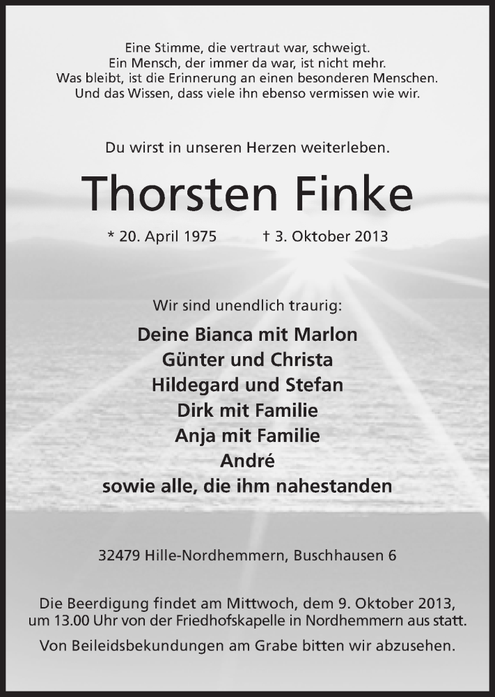  Traueranzeige für Thorsten Finke vom 05.10.2013 aus Mindener Tageblatt