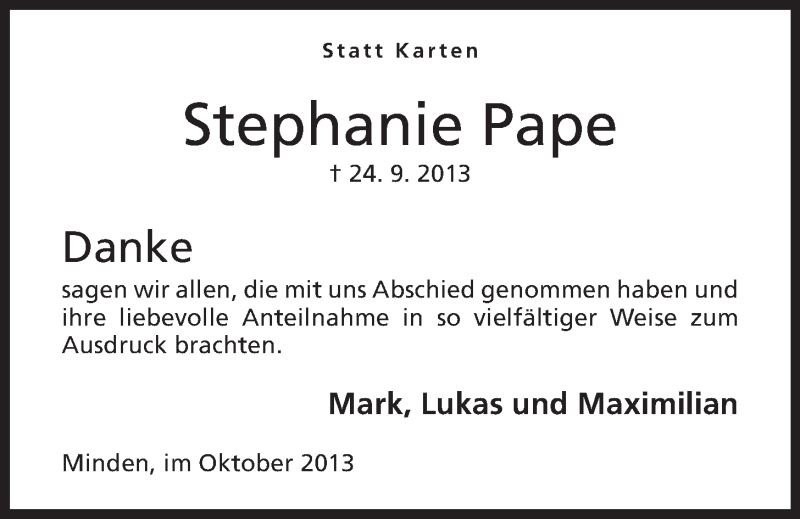  Traueranzeige für Stephanie Pape vom 12.10.2013 aus Mindener Tageblatt