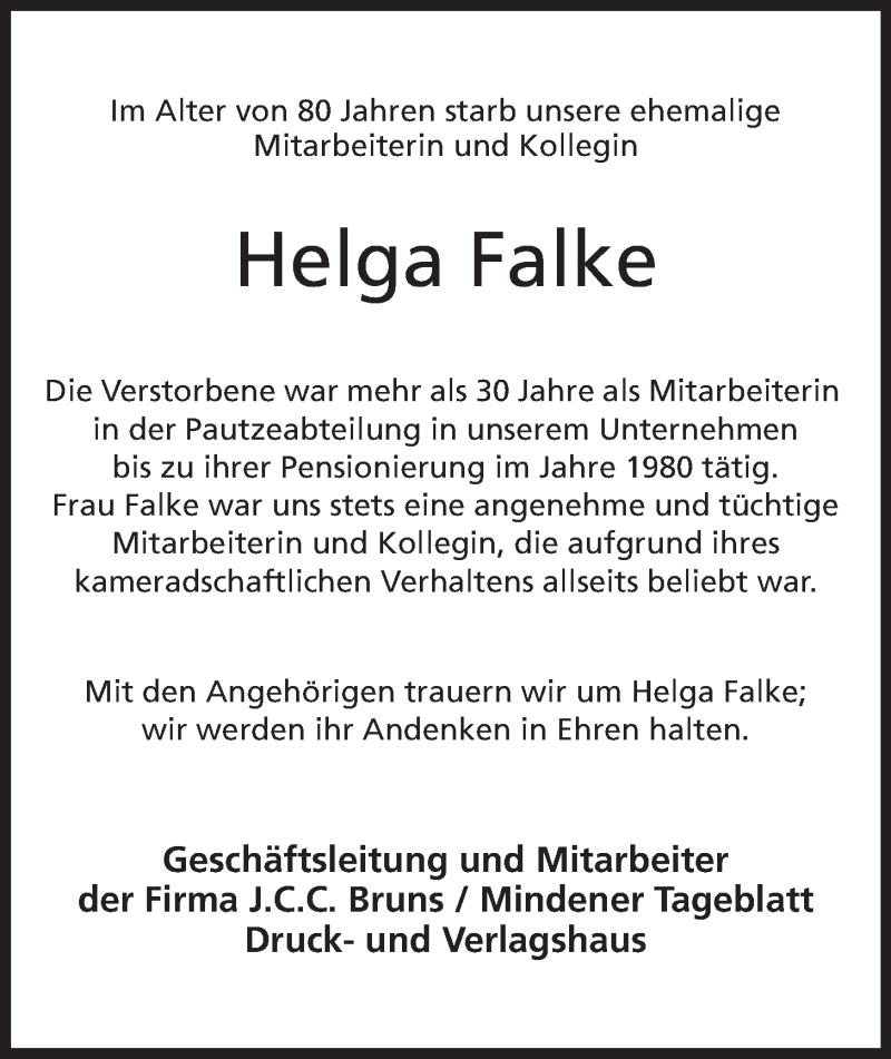  Traueranzeige für Helga Falke vom 10.10.2013 aus Mindener Tageblatt