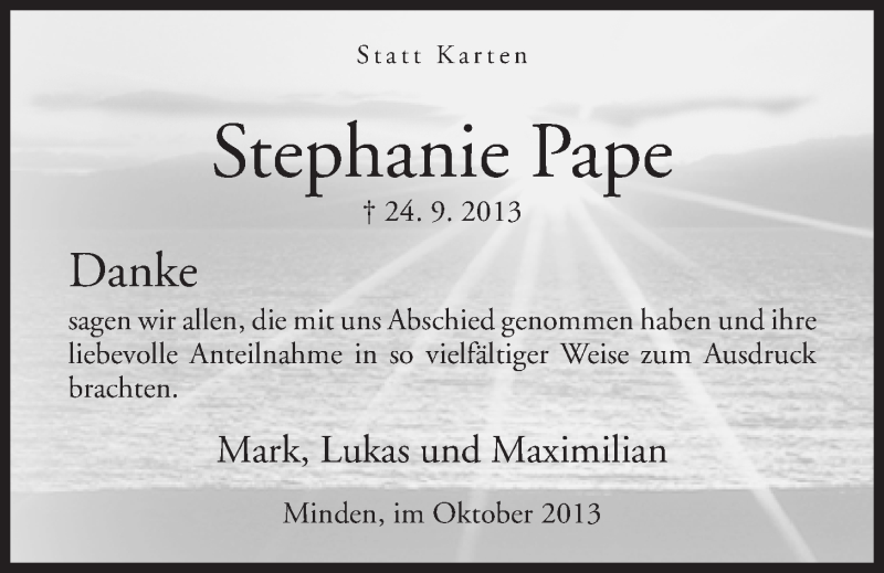  Traueranzeige für Stephanie Pape vom 19.10.2013 aus Mindener Tageblatt