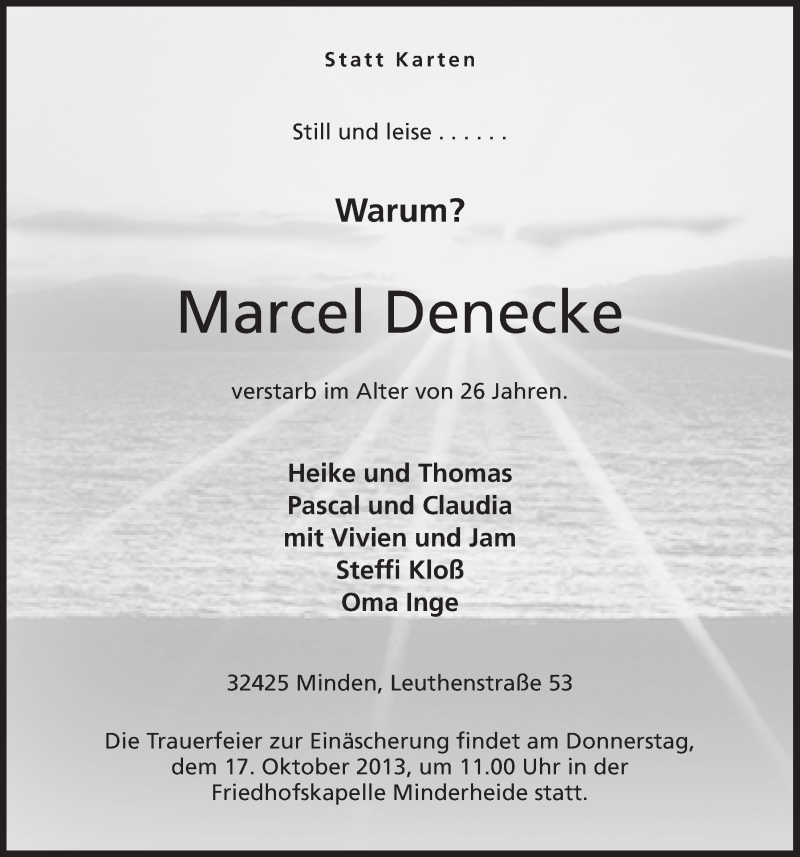  Traueranzeige für Marcel Denecke vom 15.10.2013 aus Mindener Tageblatt