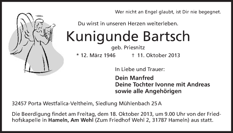  Traueranzeige für Kunigunde Bartsch vom 15.10.2013 aus Mindener Tageblatt