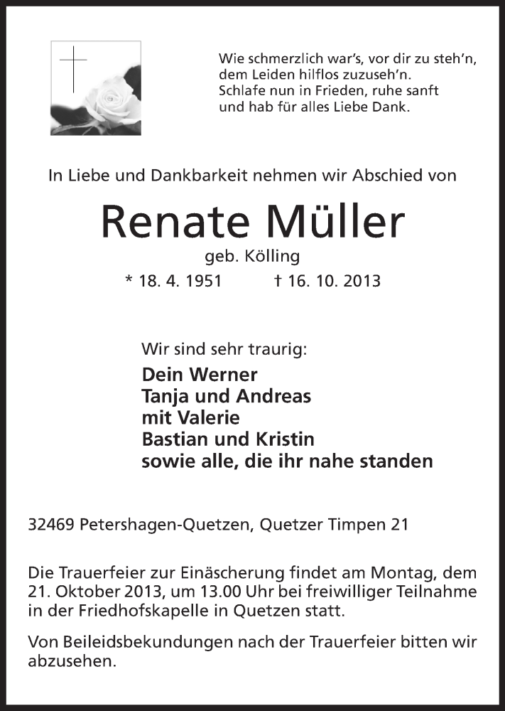  Traueranzeige für Renate Müller vom 17.10.2013 aus Mindener Tageblatt