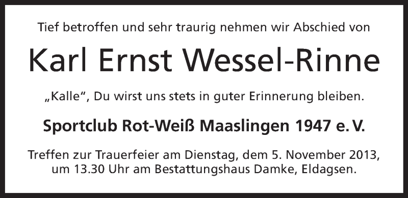  Traueranzeige für Karl Ernst Wessel-Rinne vom 01.11.2013 aus Mindener Tageblatt