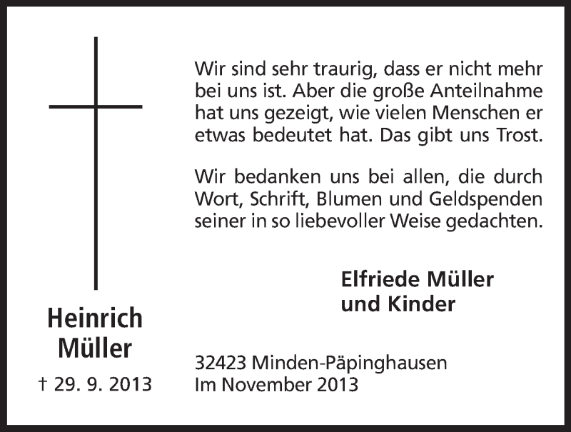  Traueranzeige für Heinrich Müller vom 09.11.2013 aus Mindener Tageblatt