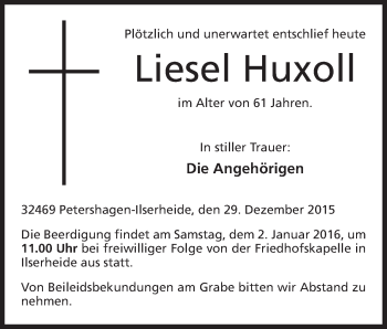 Anzeige von Liesel Huxoll von Mindener Tageblatt