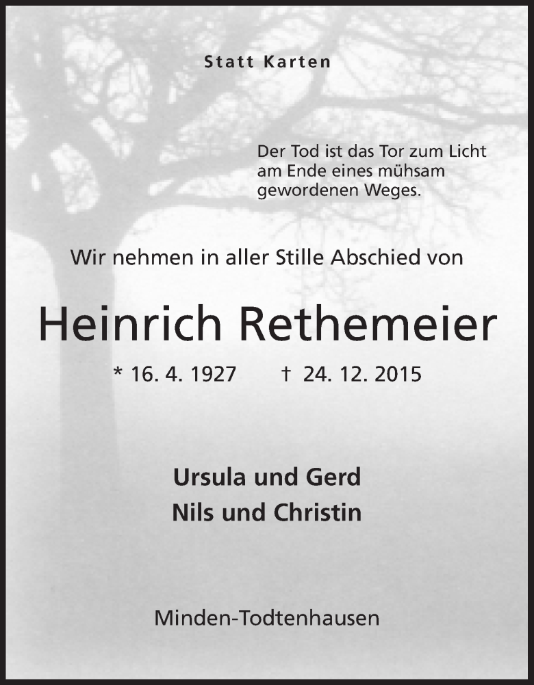  Traueranzeige für Heinrich Rethemeier vom 28.12.2015 aus Mindener Tageblatt