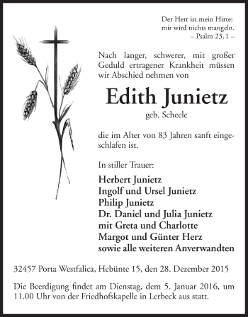 Anzeige von Edith Junietz von Mindener Tageblatt