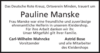 Anzeige von Pauline Manske von Mindener Tageblatt