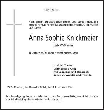 Anzeige von Anna Sophie Knickmeier von Mindener Tageblatt