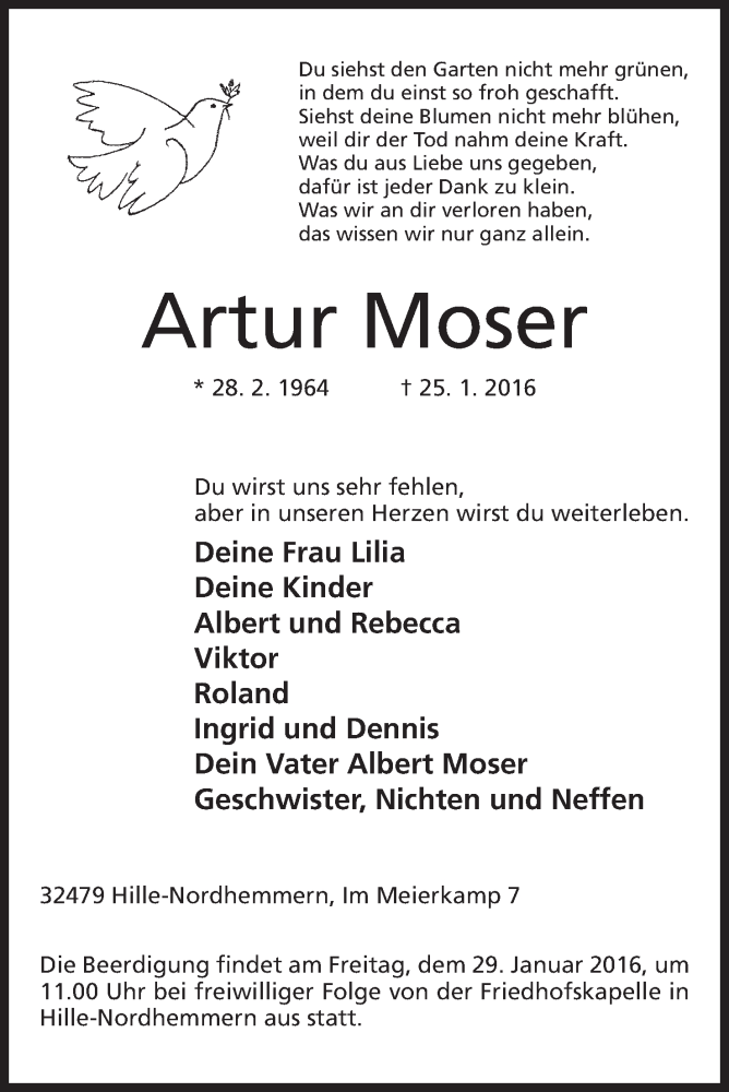  Traueranzeige für Artur Moser vom 27.01.2016 aus Mindener Tageblatt