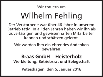 Anzeige von Wilhelm Fehling von Mindener Tageblatt