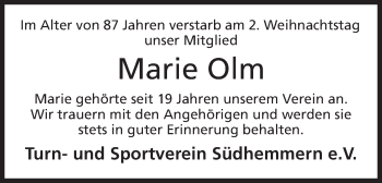 Anzeige von Marie Olm von Mindener Tageblatt