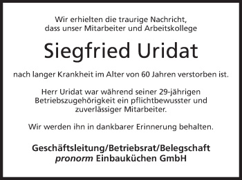 Anzeige von Siegfried Uridat von Mindener Tageblatt