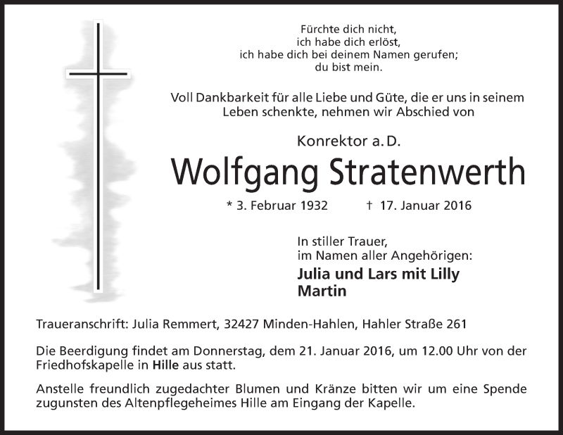  Traueranzeige für Wolfgang Stratenwerth vom 19.01.2016 aus Mindener Tageblatt