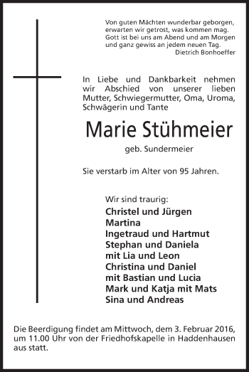 Anzeige von Marie Stühmeier von Mindener Tageblatt