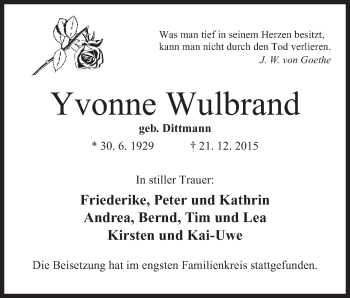 Anzeige von Yvonne Wulbrand von Mindener Tageblatt