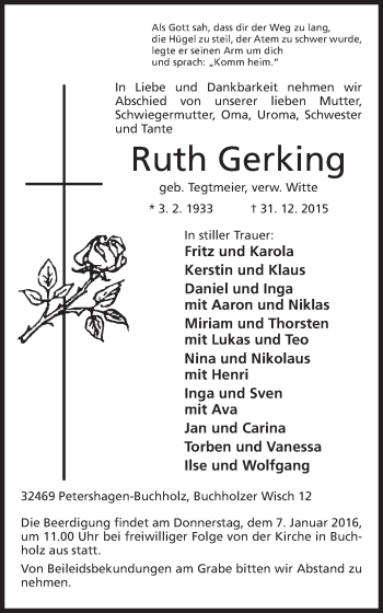 Anzeige von Ruth Gerking von Mindener Tageblatt