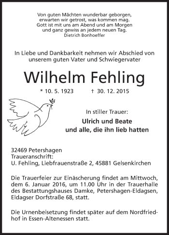 Anzeige von Wilhelm Fehling von Mindener Tageblatt