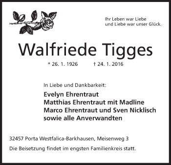 Anzeige von Walfriede Tigges von Mindener Tageblatt