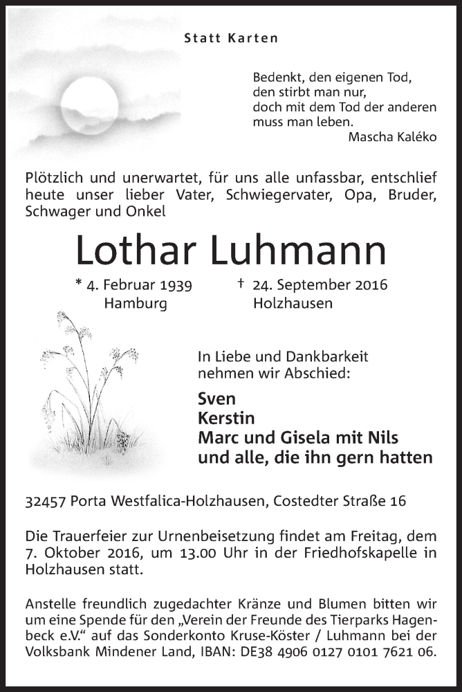  Traueranzeige für Lothar Luhmann vom 01.10.2016 aus Mindener Tageblatt