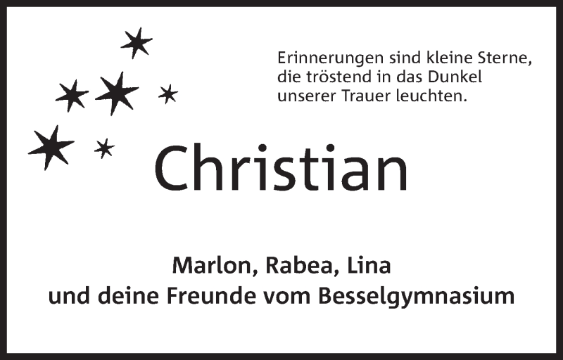  Traueranzeige für Christian Brinkmann vom 19.11.2016 aus Mindener Tageblatt