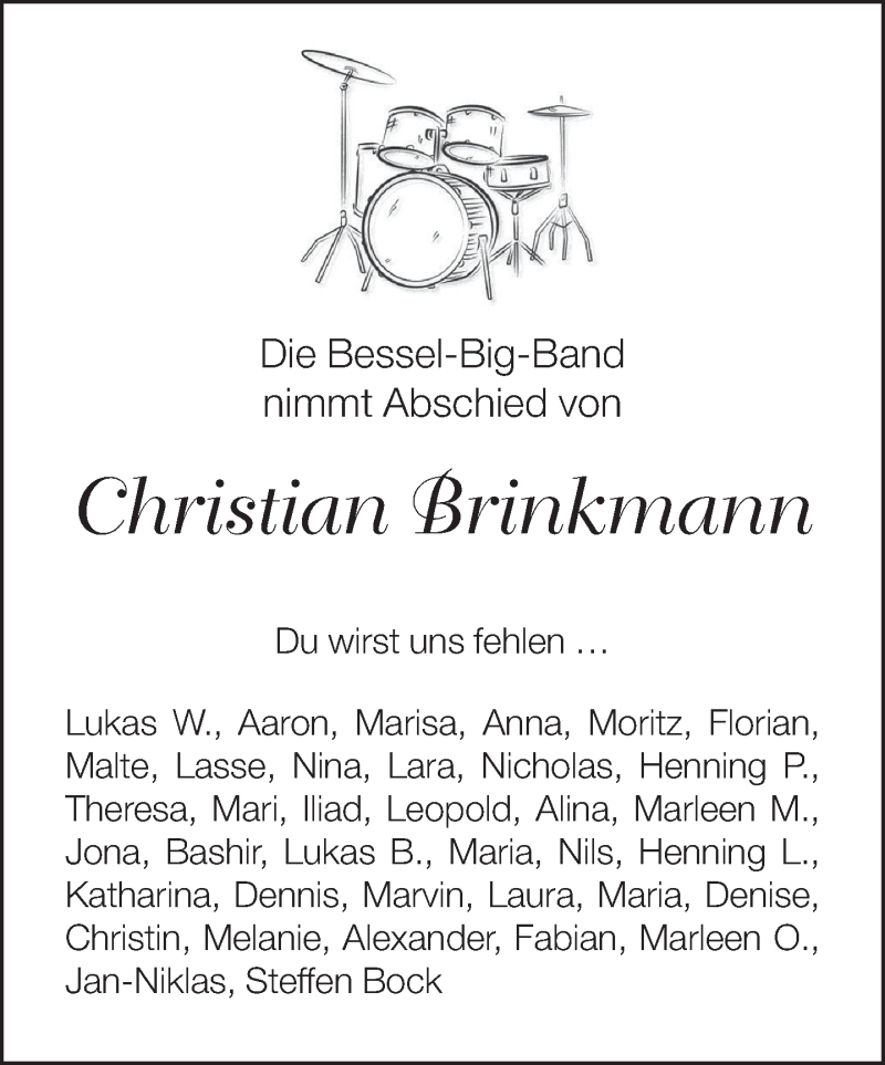  Traueranzeige für Christian Brinkmann vom 19.11.2016 aus Mindener Tageblatt