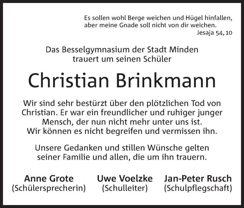  Traueranzeige für Christian Brinkmann vom 05.11.2016 aus Mindener Tageblatt