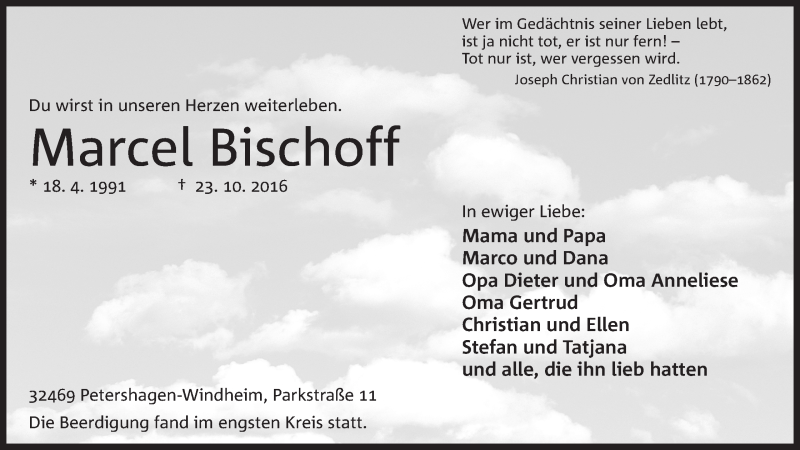  Traueranzeige für Marcel Bischoff vom 05.11.2016 aus Mindener Tageblatt