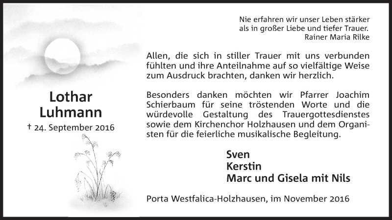  Traueranzeige für Lothar Luhmann vom 05.11.2016 aus Mindener Tageblatt