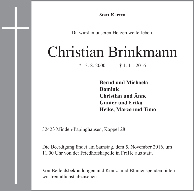 Traueranzeige für Christian Brinkmann vom 03.11.2016 aus Mindener Tageblatt