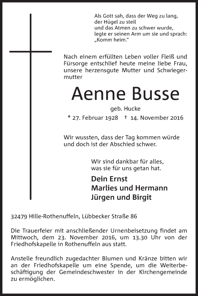  Traueranzeige für Aenne Busse vom 17.11.2016 aus Mindener Tageblatt