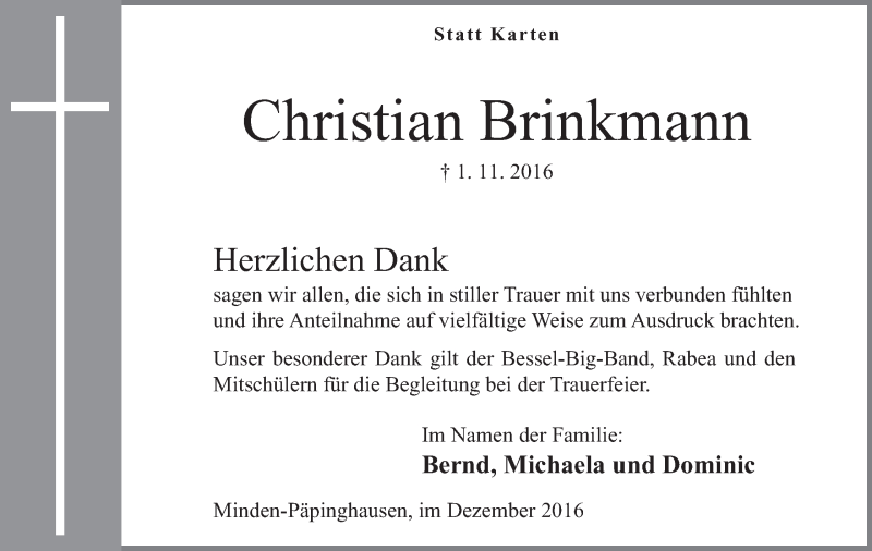  Traueranzeige für Christian Brinkmann vom 10.12.2016 aus Mindener Tageblatt