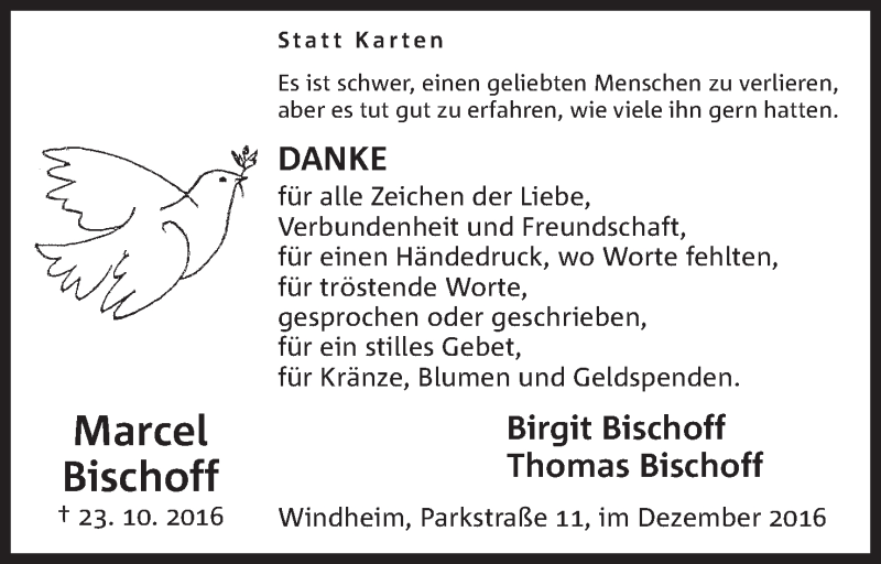  Traueranzeige für Marcel Bischoff vom 24.12.2016 aus Mindener Tageblatt