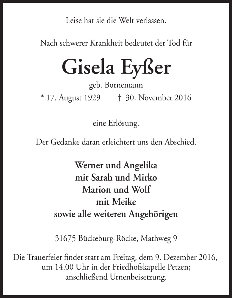  Traueranzeige für Gisela Eyßer vom 03.12.2016 aus Mindener Tageblatt