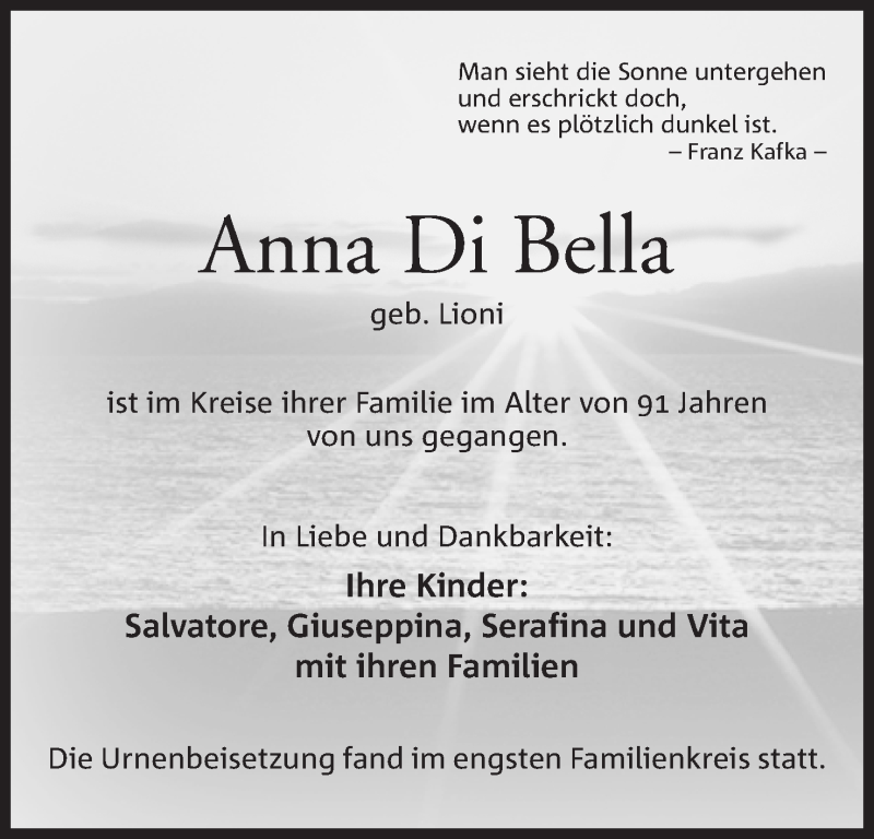  Traueranzeige für Anna Di Bella vom 24.12.2016 aus Mindener Tageblatt