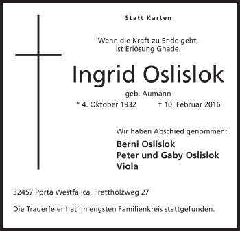 Anzeige von Ingrid Oslislok von Mindener Tageblatt