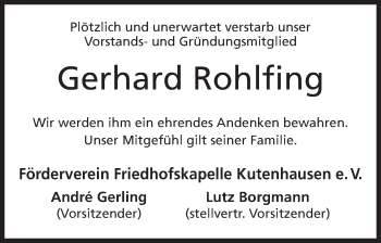 Anzeige von Gerhard Rohlfing von Mindener Tageblatt