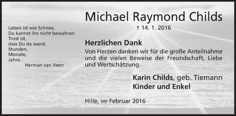  Traueranzeige für Michael Raymond Childs vom 27.02.2016 aus Mindener Tageblatt
