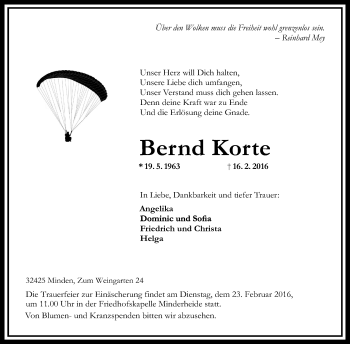 Anzeige von Bernd Korte von Mindener Tageblatt