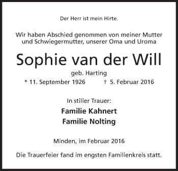 Anzeige von Sophie van der Will von Mindener Tageblatt