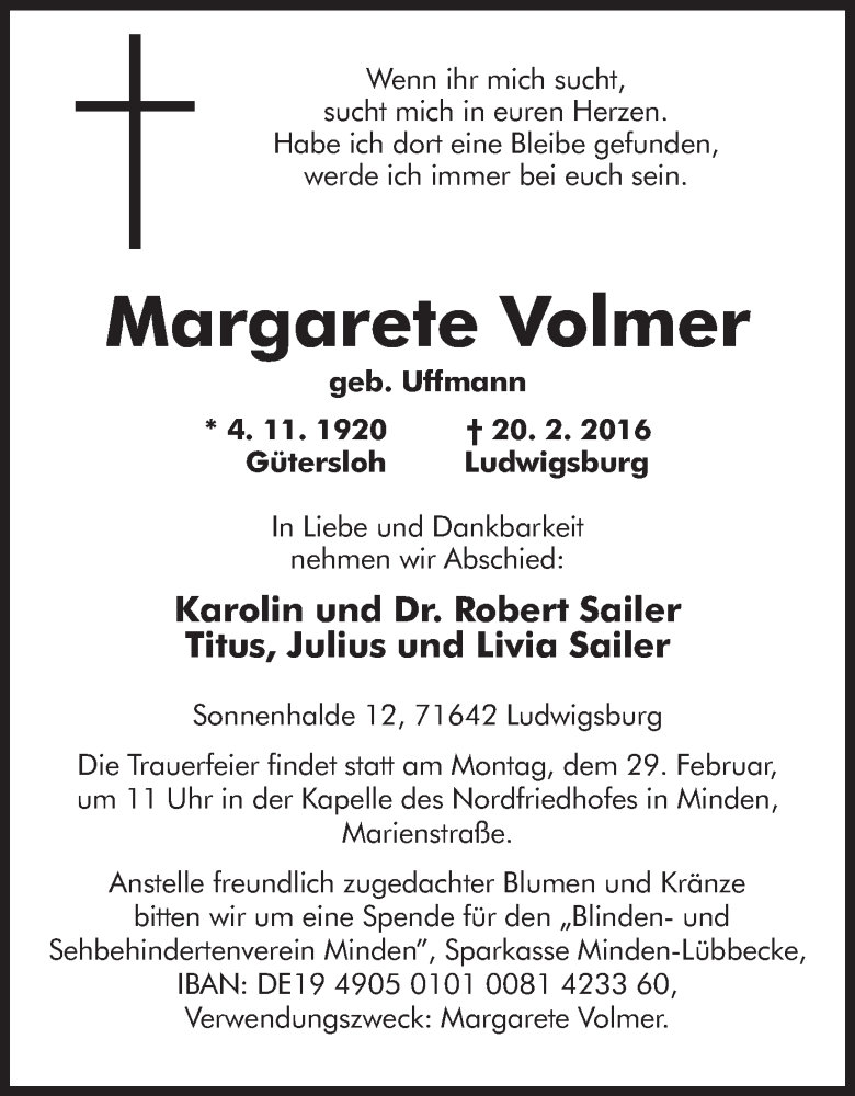  Traueranzeige für Margarete Volmer vom 27.02.2016 aus Mindener Tageblatt