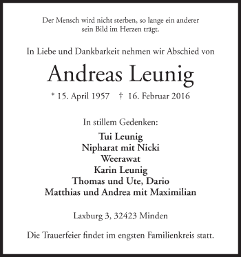 Anzeige von Andreas Leunig von Mindener Tageblatt