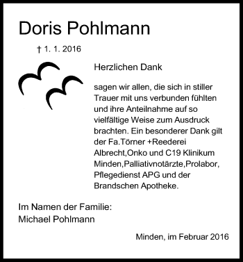 Anzeige von Doris Pohlmann von Mindener Tageblatt