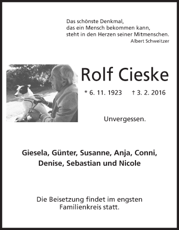 Anzeige von Rolf Cieske von Mindener Tageblatt