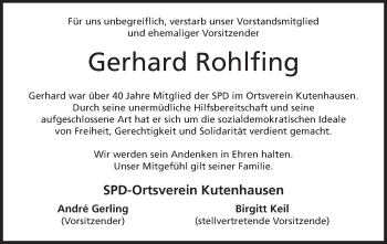 Anzeige von Gerhard Rohlfing von Mindener Tageblatt